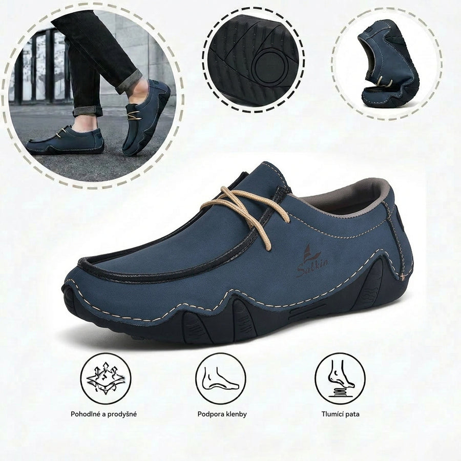 Pohodlná ortopedická obuv – ergonomická podpora klenby, která zmírňuje bolest, široký střih, který netlačí na nohu.