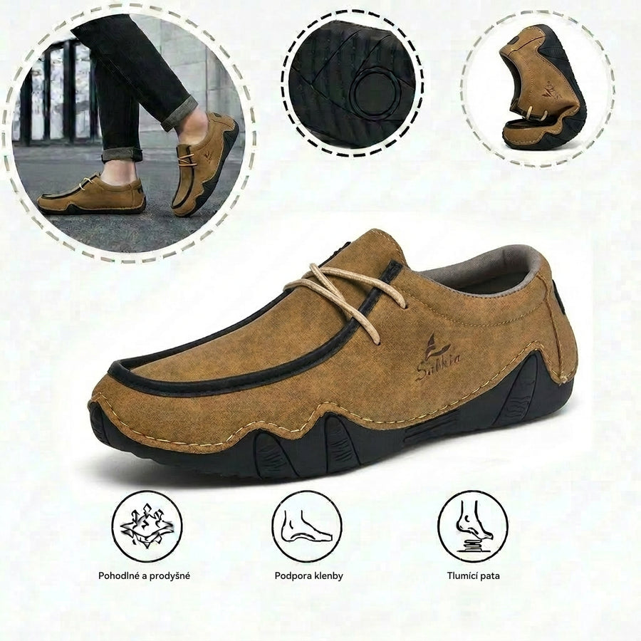 Pohodlná ortopedická obuv – ergonomická podpora klenby, která zmírňuje bolest, široký střih, který netlačí na nohu.
